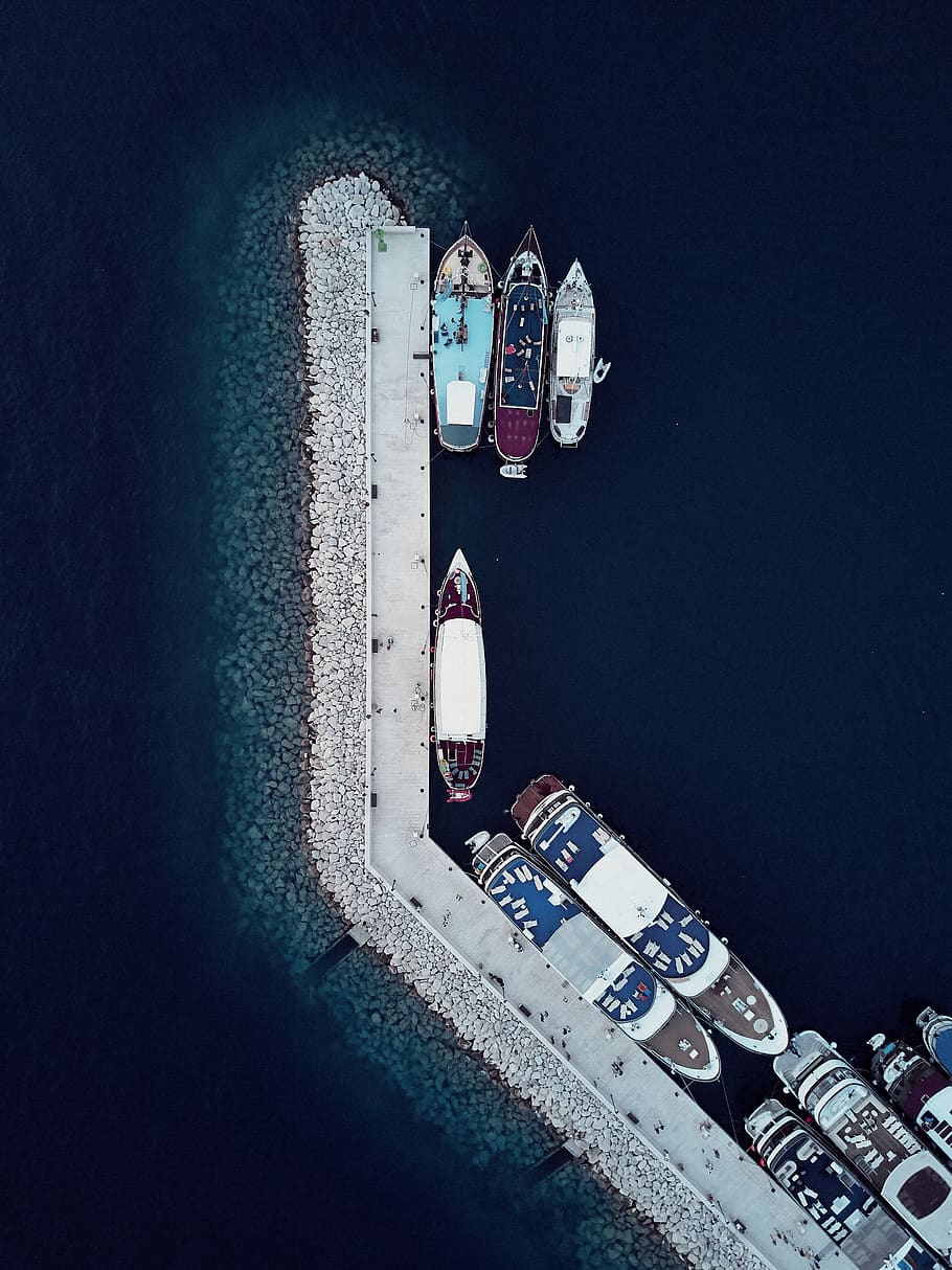 aerial photogrraphy of ship port, water, pier, dock, waterfront, HD wallpaper