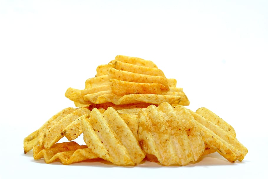 Potato chips, deep fried, snacks, white background, cut out, fast food