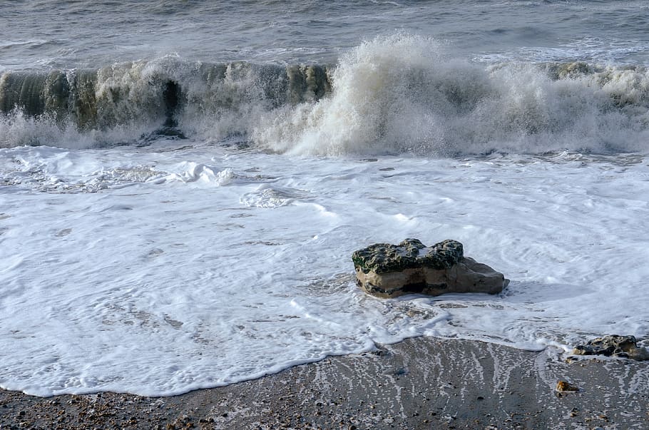 sea, wave, scum, rock, ocean, nature, beach, water, motion HD wallpaper
