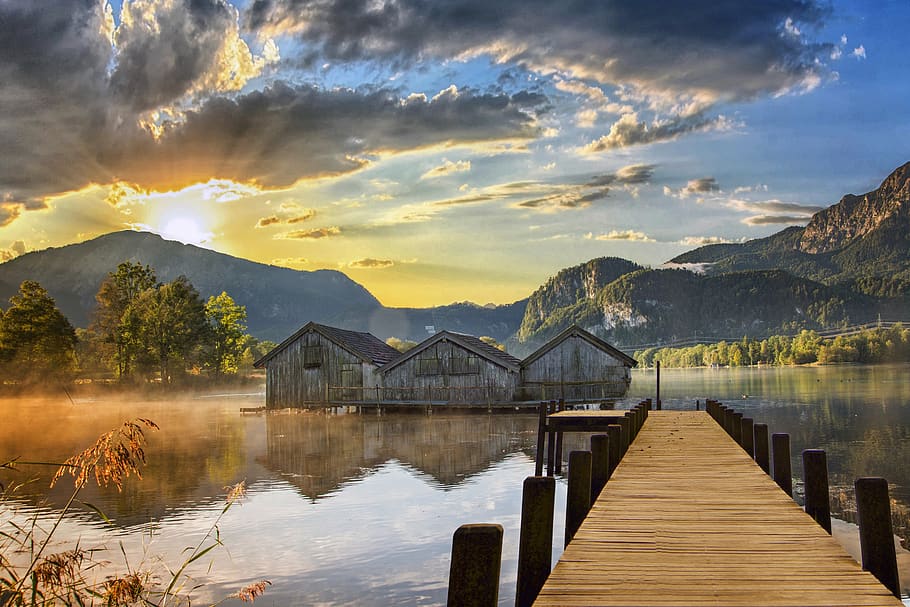 lake, reflection, sky, sunset, clouds, jetty, cool wallpaper HD wallpaper
