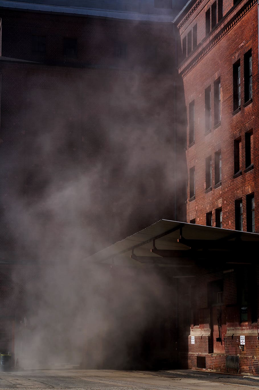 brown concrete building, smoke, brick, urban, city, germany, berlin HD wallpaper