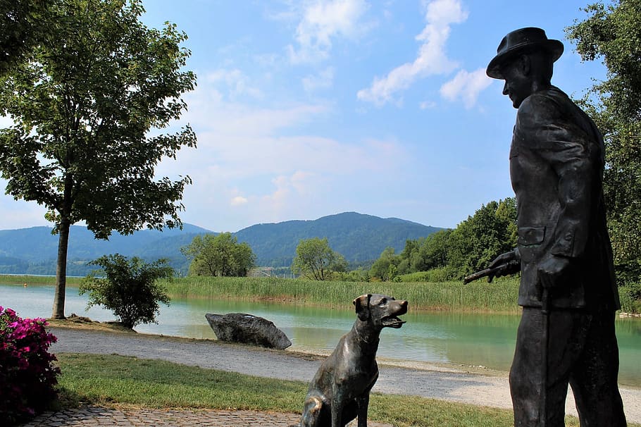 thomas mann, monument, sculpture, dog, landmark, tegernsee HD wallpaper