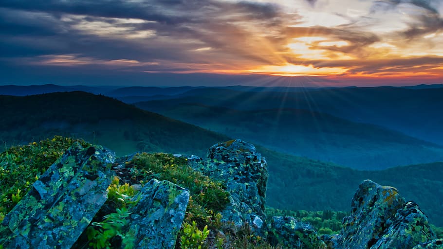 sunset, mountains, afterglow, panorama, sky, dusk, clouds, nature HD wallpaper