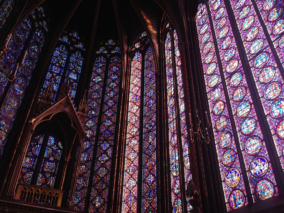 HD wallpaper: purple stained glass of cathedral, place of worship ...