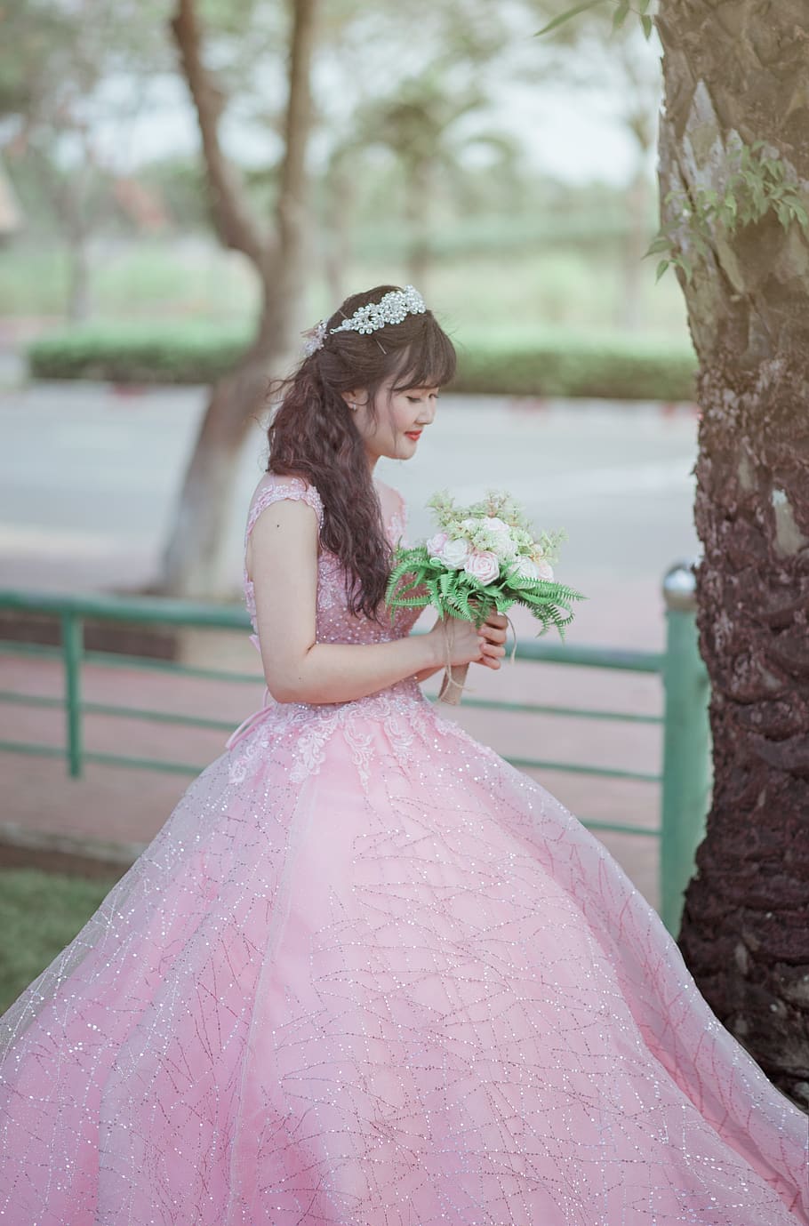 Woman in Pink Sleeveless Gown, adult, beautiful, bouquet, bridal