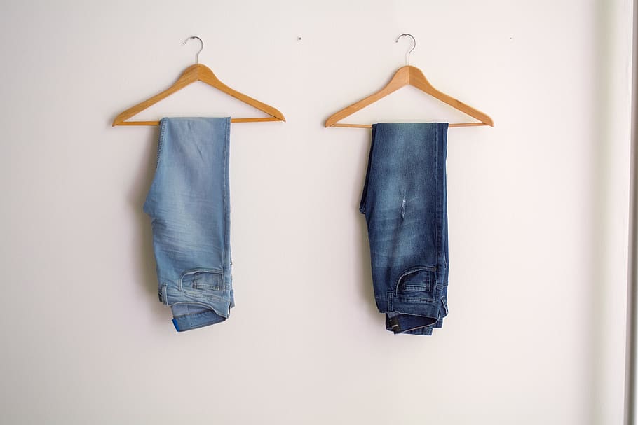 Two Hanged Blue Stonewash and Blue Jeans, casual, clothes, denim jeans