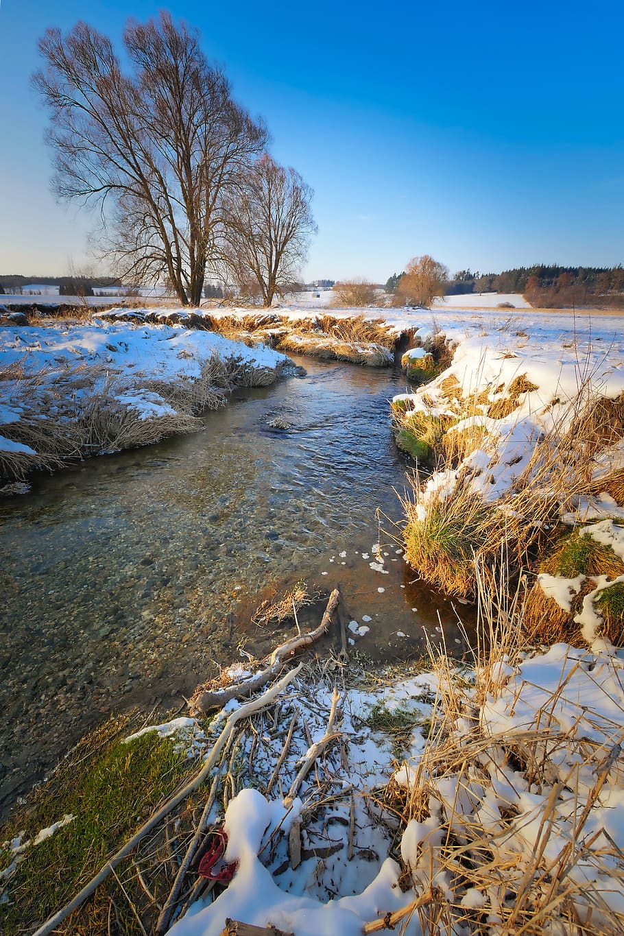 nature, tree, snow, winter, waters, bach, river landscape, sky-stafford HD wallpaper