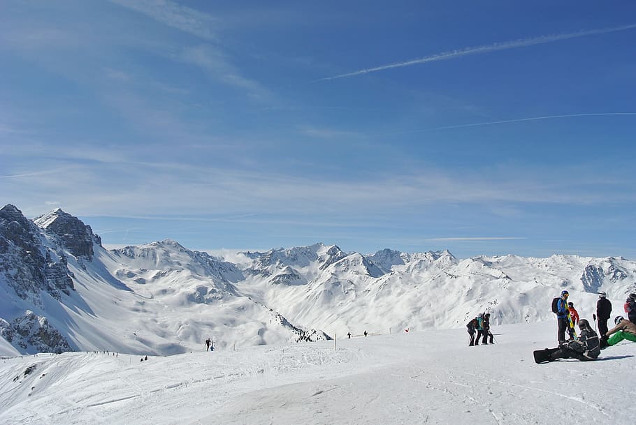 alpine, mountains, ski, snowboard, landscape, nature, sky, austria HD wallpaper