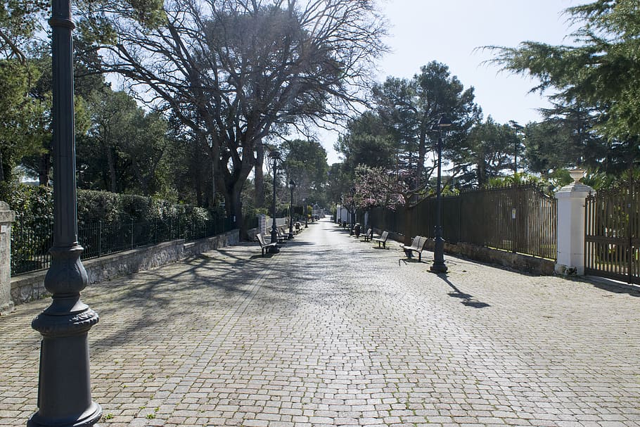 walkway, path, sidewalk, pavement, bench, furniture, cobblestone HD wallpaper