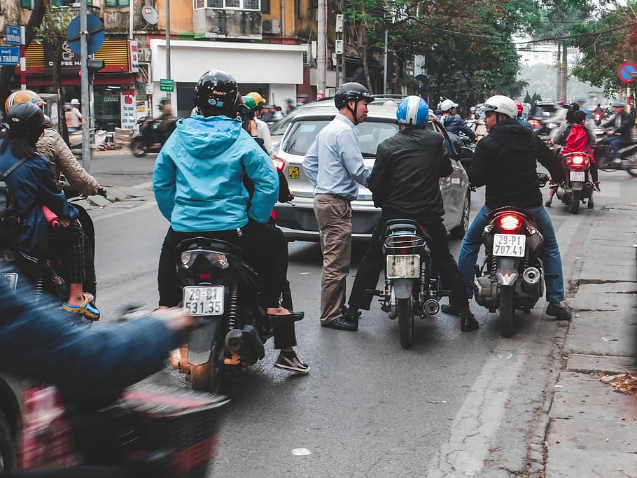 motorcyclists along busy road, group of people, city, street HD wallpaper