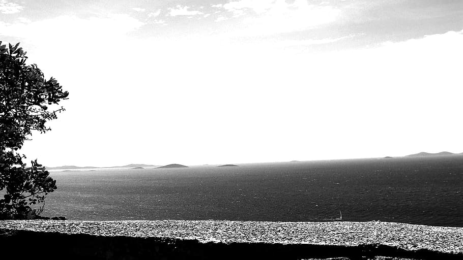 Gray Scale Photo of Body of Water, beach, black and white, clouds HD wallpaper