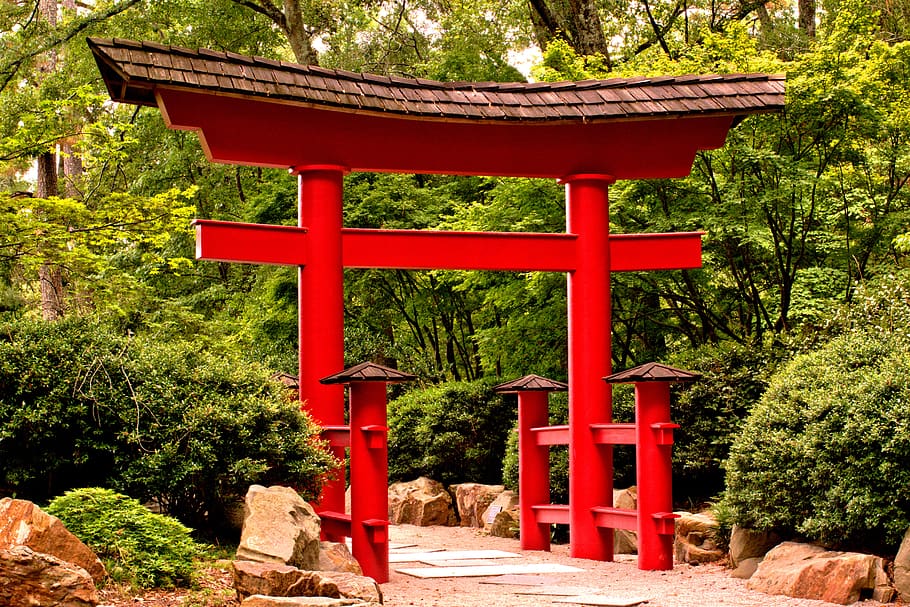 tori, gateway, red, architecture, garden, path, structure, tree HD wallpaper