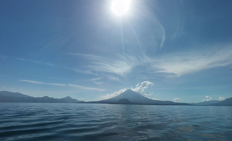 guatemala, sololá, atitlan, volcano, lake, sun flare, scenics - nature