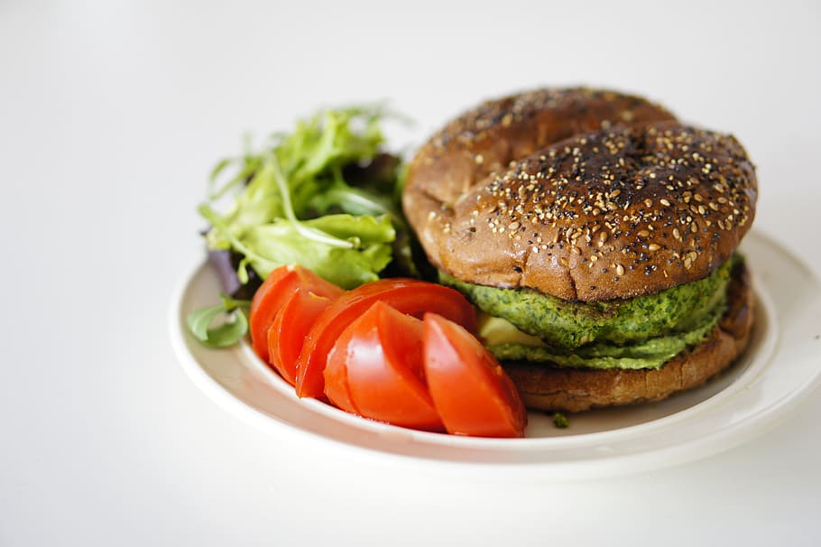 plated burger on white surface, food, bread, plant, vegetarian, HD wallpaper