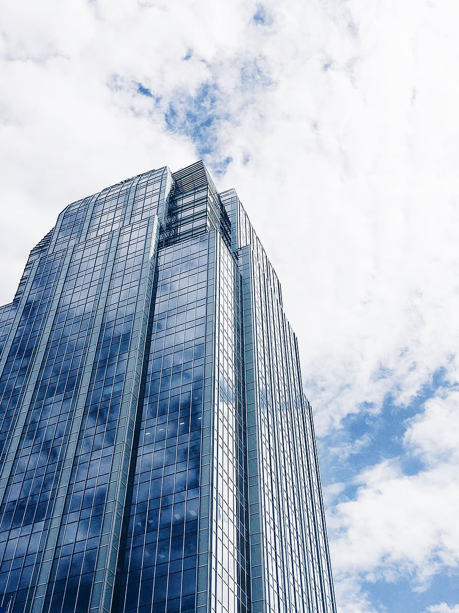 skyscraper, blue, white, building, city, glass, mirror, clouds HD wallpaper