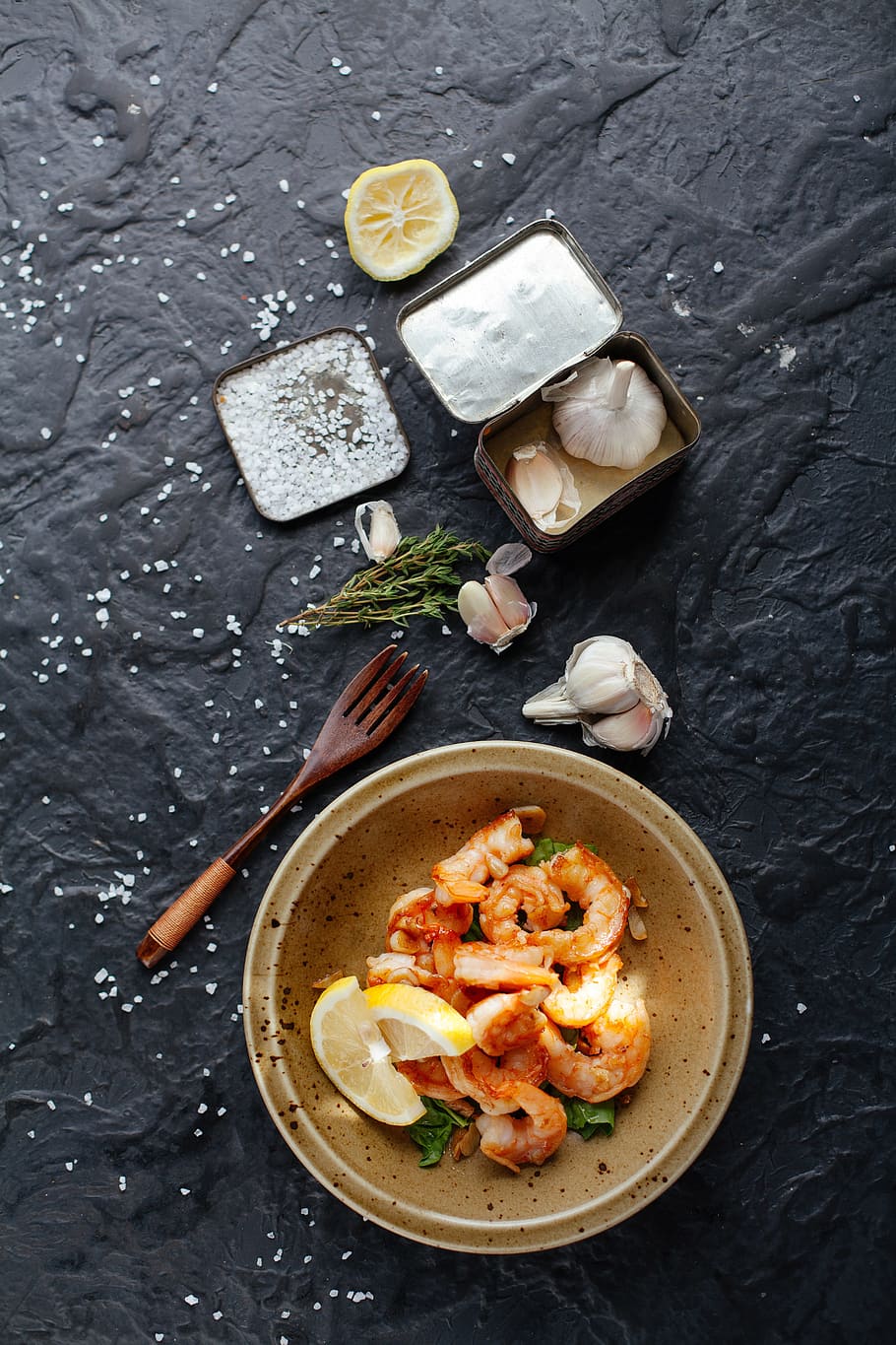 bowl of cooked shrimp, food, salt, garlic, plant, flat lay, food style, HD wallpaper