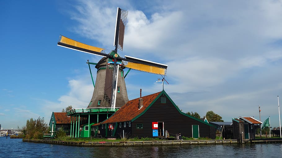 zaanse schans, wind mill, tourism, netherlands, holland, water, HD wallpaper