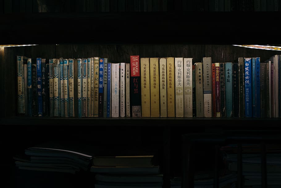 books on bookshelf, bookcase, furniture, luomuzhen, leshan, china, HD wallpaper