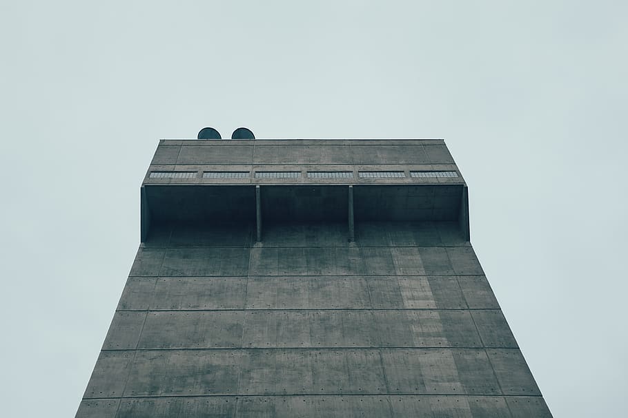 tower, building, perspective, grey, industrial, sky, architecture HD wallpaper