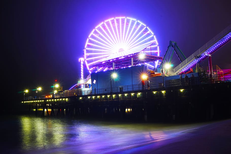 ferris wheel, beach, amusement park ride, night, illuminated HD wallpaper