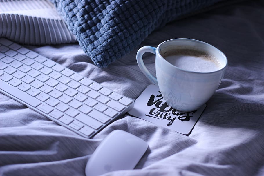 latte, work, blue, grey, white, pillow, coffee, mouse, keyboard HD wallpaper
