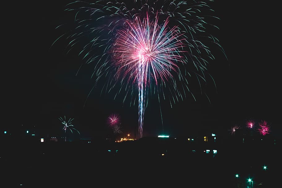 purple fireworks, night, illuminated, celebration, event, arts culture and entertainment HD wallpaper