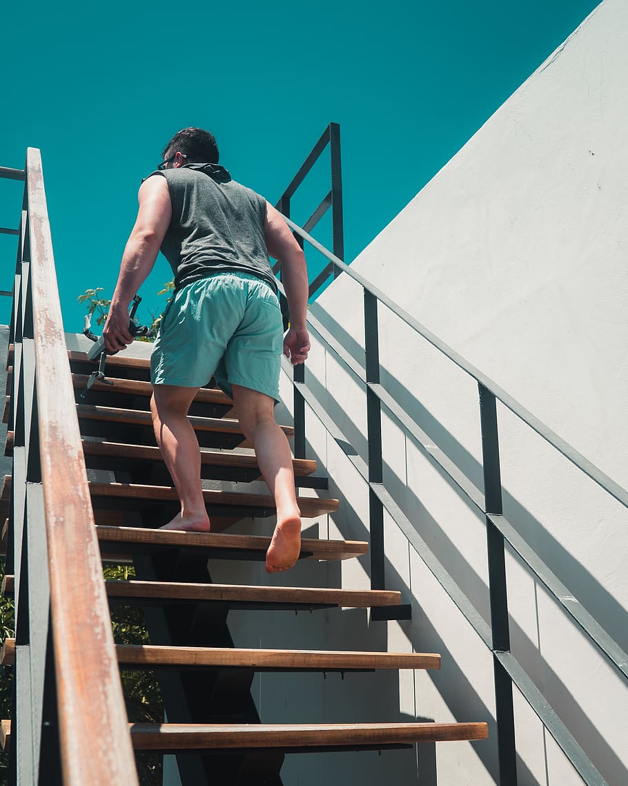 man walking upstairs, handrail, banister, railing, human, person HD wallpaper