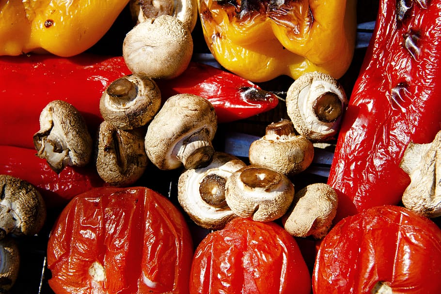 vegetables, mushrooms, grill, tomatoes, delicious, food, nutrition HD wallpaper
