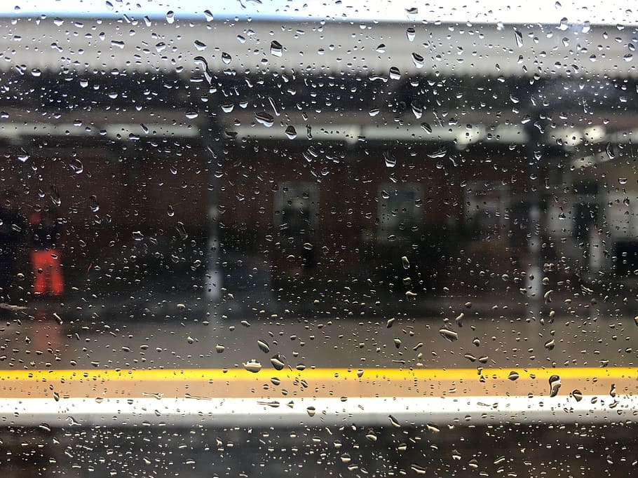 rain, raindrops, train, station, platform, wet, window, glass - material HD wallpaper