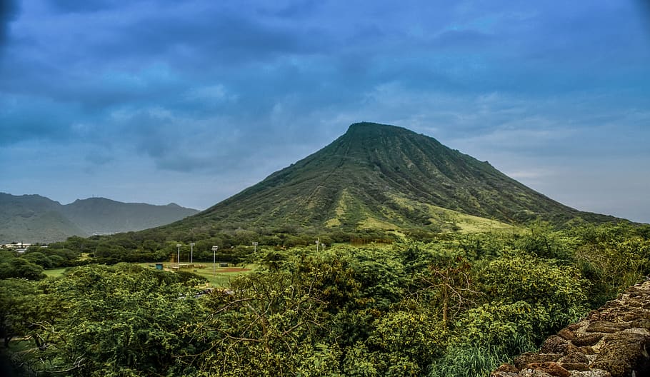 Green Mountain Behind Grass, clouds, daylight, landscape, scenic HD wallpaper