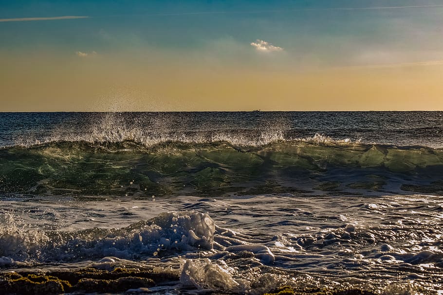 sea, sky, clouds, wave, nature, afternoon, sunset, splash, coast HD wallpaper