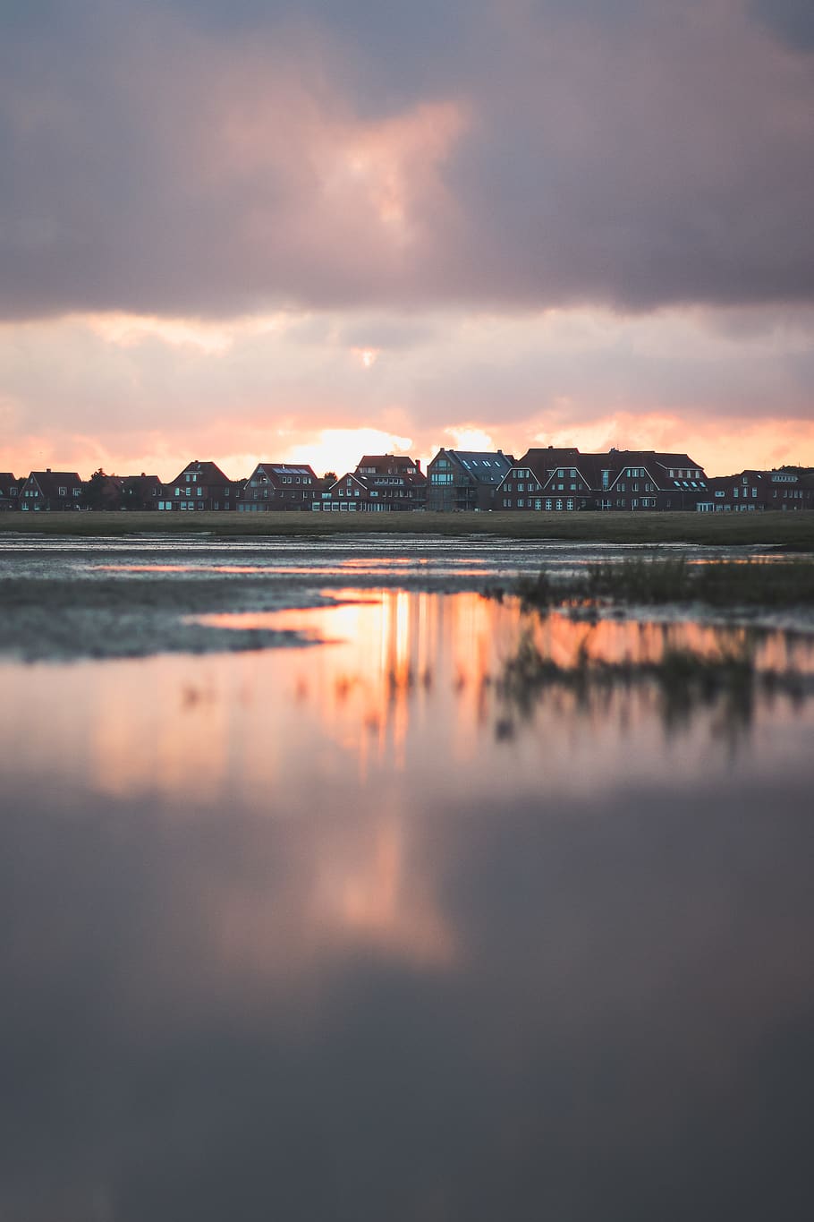 assorted-color concrete house, water, cloud - sky, sunset, tranquility HD wallpaper