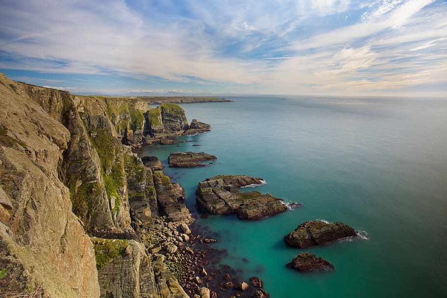 united kingdom, anglesey, cliffs, long exposure, wales, sea HD wallpaper
