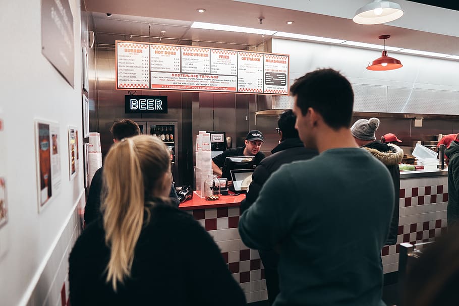 five guys, germany, munich, burger, fast food, adult, men, women HD wallpaper