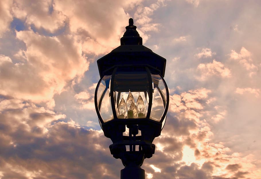 lamp, light, twilight, clouds, sky, mood, bulbs, unlit, dusk HD wallpaper