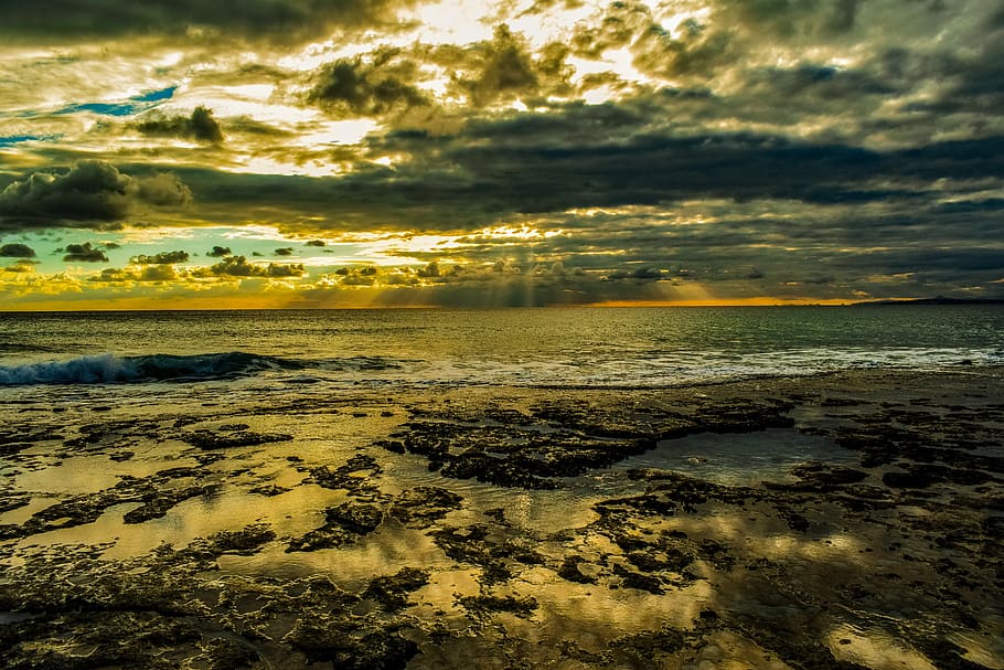 sunset, coast, rocky, landscape, nature, sky, clouds, sunlight HD wallpaper
