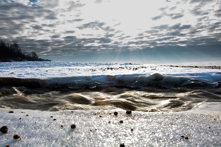 lithuania, karklė, beach, river, winter, snow, ice, nature HD wallpaper