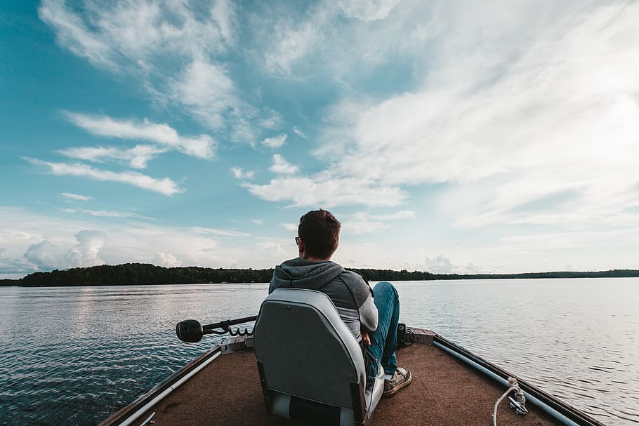 man riding motorboat, water, rear view, cloud - sky, nautical vessel HD wallpaper