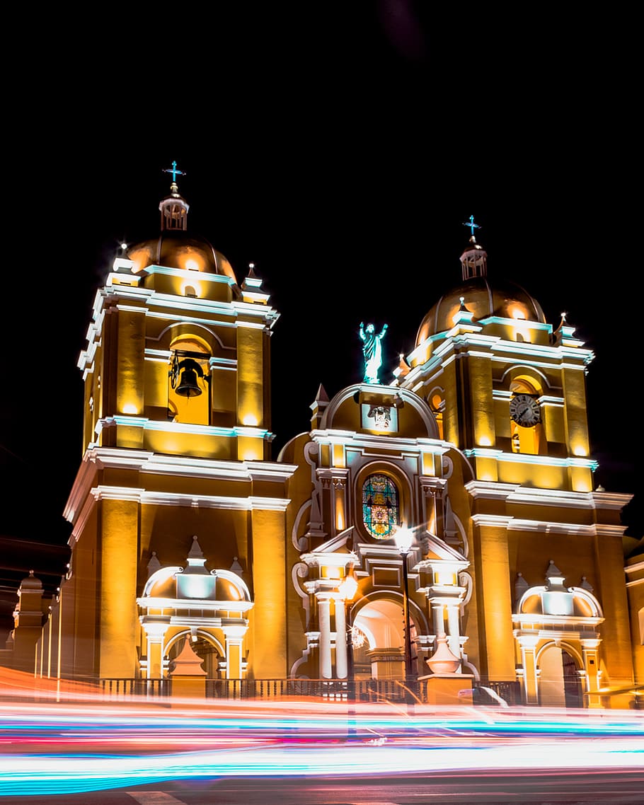 peru, trujillo, trujillo central park, night, illuminated, architecture HD wallpaper