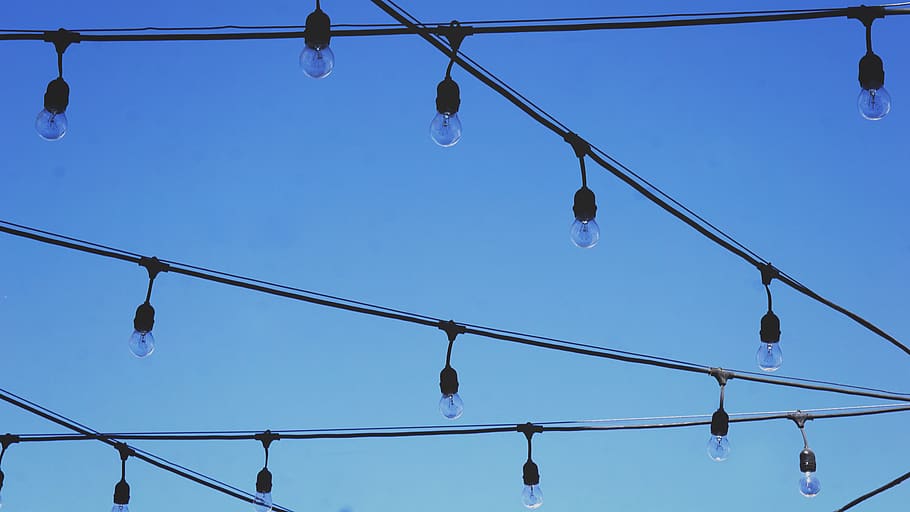 sky, lights, lightbulb, bulbs, wire, blue, black, hope, hanging HD wallpaper