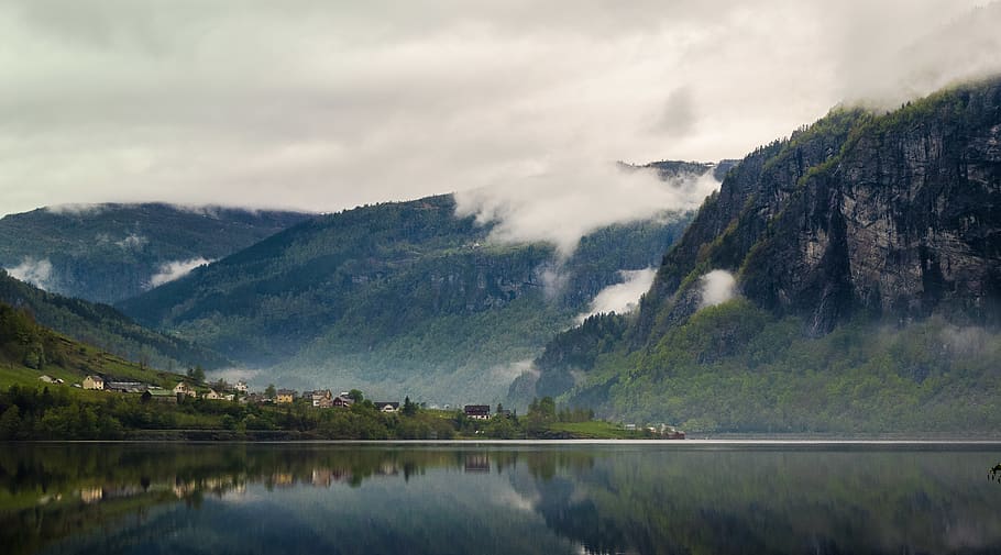 Mountains, beautiful, clouds, daylight, fog, grass, houses, landscape HD wallpaper