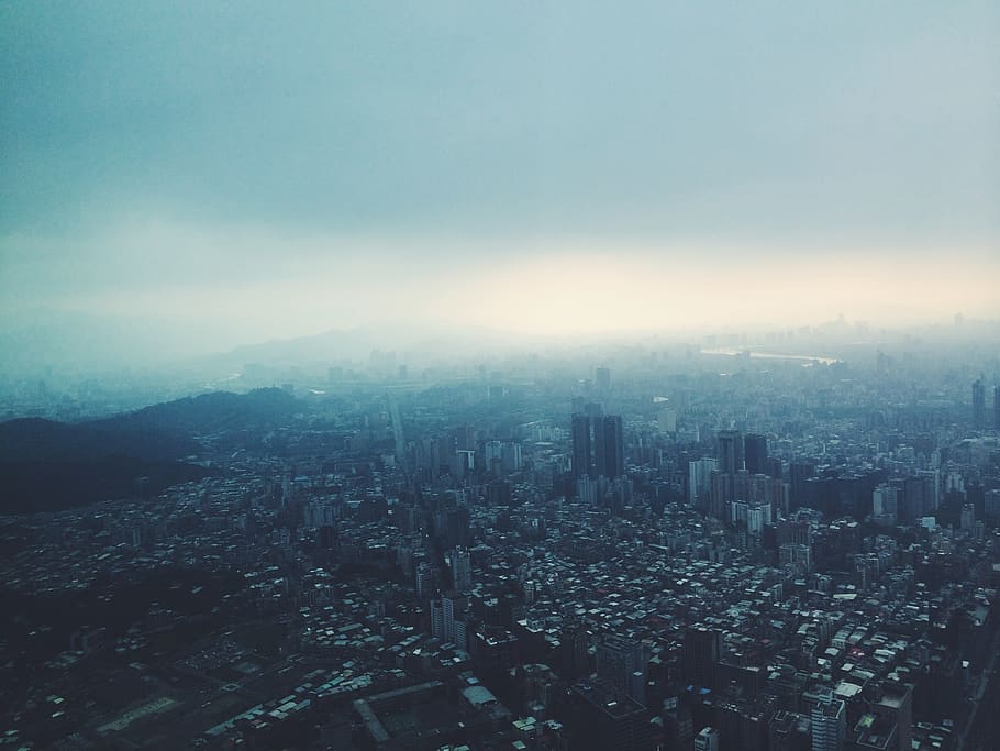 city, fog, buildings, skyline, urban, aerial view, metropolitan