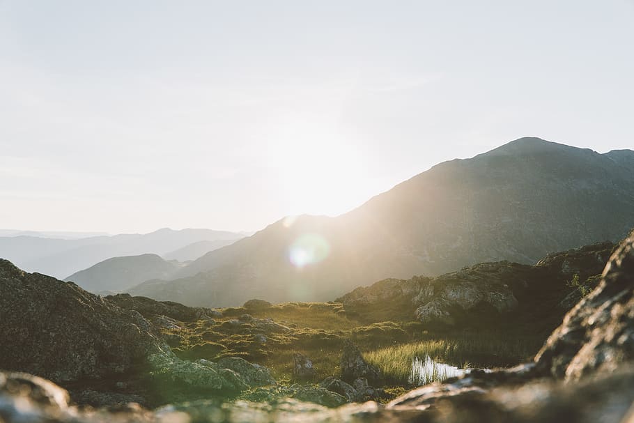 mountain scenry, light, flare, nature, outdoors, sunlight, sky HD wallpaper
