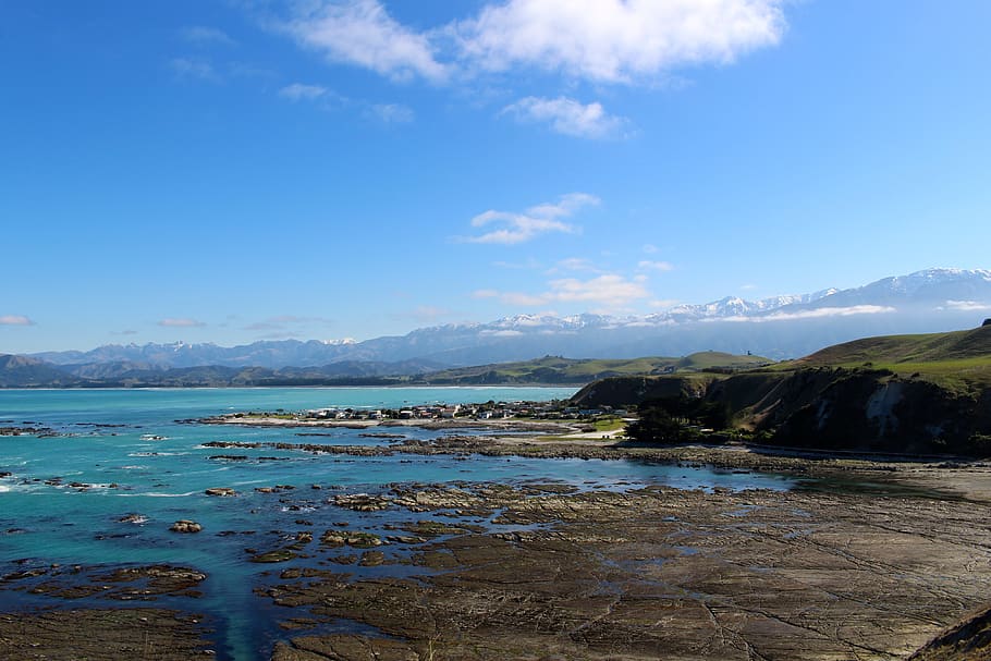 new zealand, kaikoura, south bay, mountains, ocean, water, sky, HD wallpaper