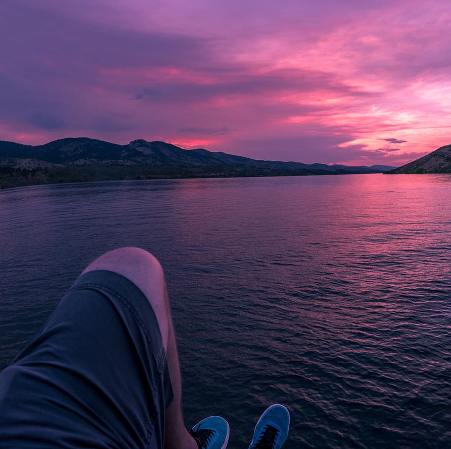 sunset, sky, lake, landscape, clouds, nature, relax, mountains HD wallpaper