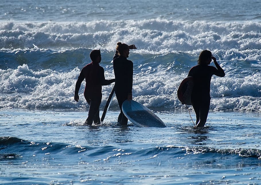 three people going to surf, sea, ocean, water, nature, outdoors HD wallpaper