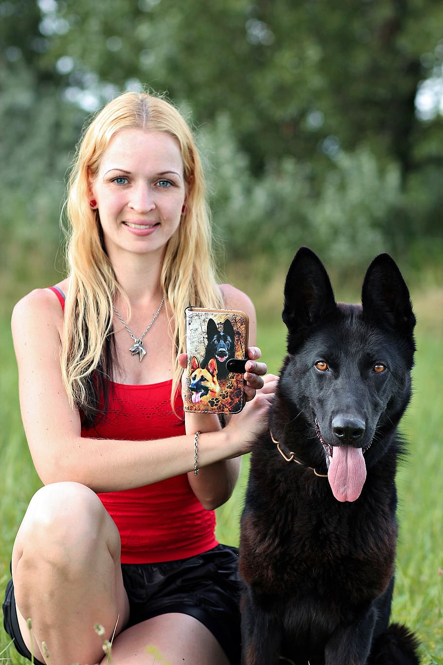 HD wallpaper: black german shepherd, dog, blonde woman, friendship ...