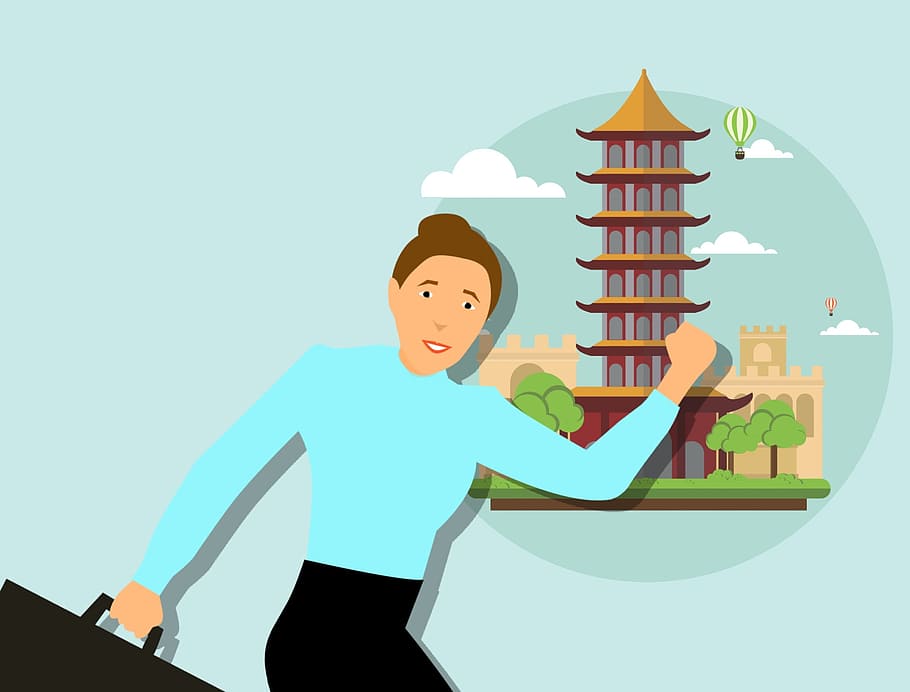 Traveller with bags and landmarks in China. Illustration of world travel.