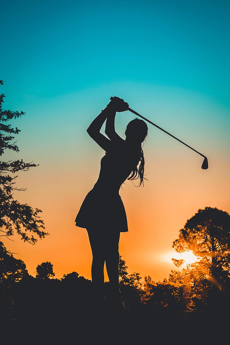 Silhouette Photo of a Woman Playing Golf, adult, backlit, dawn