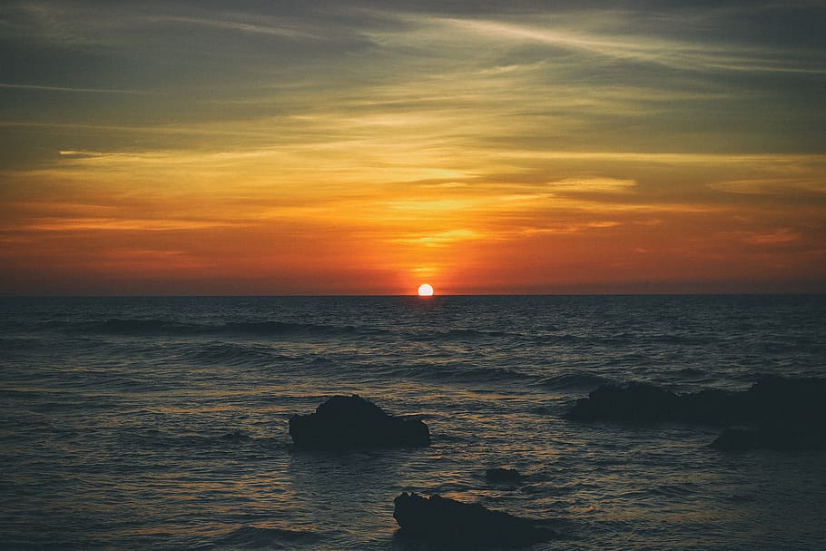 Orange Sunset, bay, beach, blue, clouds, coast, coastline, dawn HD wallpaper